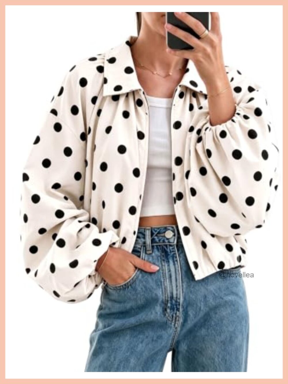 Womens Polka Dot Bomber Jacket Zip Up Cropped Pleated Coat